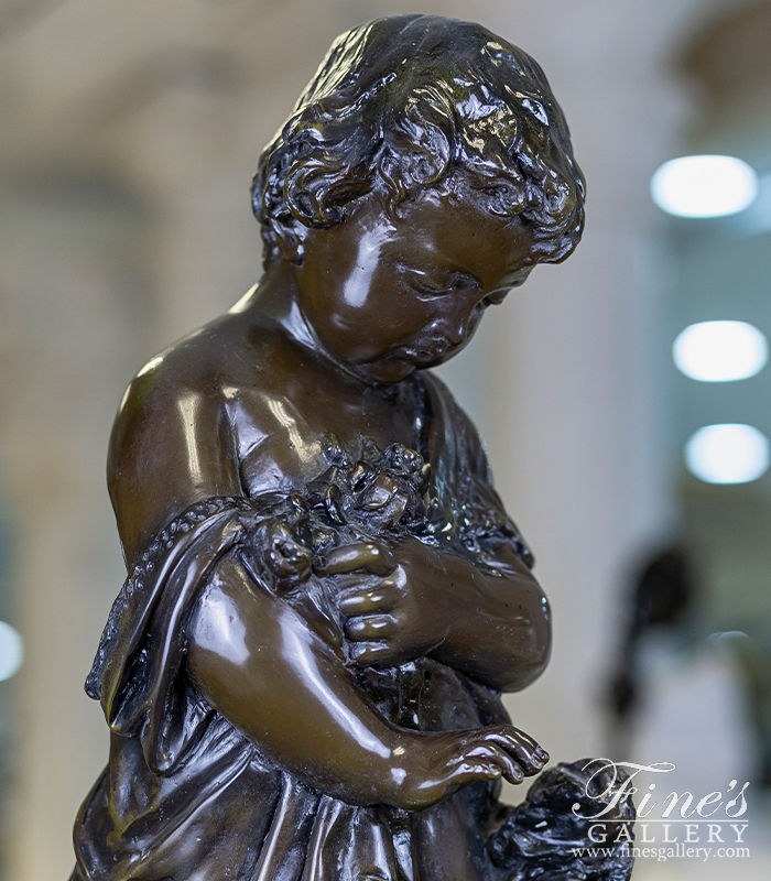 Bronze Statues  - A Child With Flowers In Museum Quality Vintage Bronze - BS-1581